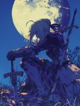  1girl ahoge armor armored_dress artoria_pendragon_(fate) blonde_hair blue_dress braid breastplate caliburn_(fate) dress excalibur_(fate/stay_night) fate/stay_night fate_(series) full_moon gauntlets hair_bun hair_ribbon highres holding holding_sword holding_weapon long_hair long_sleeves moon night night_sky outdoors planted planted_sword ponytail profile puffy_sleeves ribbon single_hair_bun sitting sky solo sword tarte_(hodarake) tree weapon 