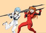  ayanami_rei blue_eyes bodysuit brown_hair carrying carrying_over_shoulder lance_of_longinus long_hair multiple_girls neon_genesis_evangelion open_mouth over_shoulder plugsuit red_eyes rx92 short_hair simple_background souryuu_asuka_langley sweatdrop tan_background two_side_up weapon weapon_over_shoulder white_bodysuit 