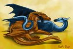  blue_body couple cuddling dragon feral happy horn lying rah-bop scalie smile talons wings 