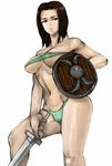  bandeau bikini braid breasts brown_eyes brown_hair large_breasts lydia_(skyrim) madarame midriff navel shield short_hair single_braid solo swimsuit sword the_elder_scrolls the_elder_scrolls_v:_skyrim toned underboob weapon 