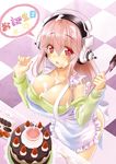 apron blush breasts cake checkered checkered_floor food fruit happy_birthday headphones highres icing large_breasts long_hair looking_at_viewer nail_polish nitroplus okitakung pink_hair solo strawberry super_sonico 