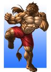  amber_eyes anthro biceps big_muscles blue_background brown_fur brown_hair clothed clothing echin feline fighter fighting_stance flexing fur hair half-dressed lion male mammal muscles orange_eyes pecs plain_background pose shorts solo toned topless unknown_artist whiskers 