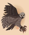 armor avian battle_claws bird blood bodily_fluids claws feathers feral flying great_grey_owl grey_body grey_feathers guardians_of_ga&#039;hoole headgear helmet hi_res kabuki-aku male owl simple_background solo strix_(genus) toe_claws true_owl twilight_(gogh) yellow_eyes