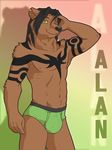  abs anthro bear biceps big_muscles black_hair blackbear body_markings brown_fur bulge ear_piercing eclipsewolf front fur green_eyes grizzly_bear hair male mammal markings muscles pecs piercing pose smile solo standing tattoo topless underwear 