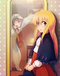  :d :o ^_^ bad_id bad_pixiv_id bag blonde_hair blush bow brown_hair capelet closed_eyes costume hat hat_removed headwear_removed holding holding_hat lamp long_hair mesou-san mirror multiple_girls open_mouth original portrait_(object) reflection short_hair smile standing yellow_eyes 