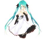  aqua_eyes aqua_hair bad_id bad_pixiv_id bare_shoulders black_legwear bridal_gauntlets dress elbow_gloves gloves hatsune_miku highres long_hair simple_background sleeveless sleeveless_dress solo thighhighs twintails very_long_hair vocaloid zombie_neko 