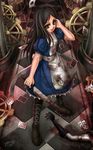  2012 alice:_madness_returns alice_(wonderland) american_mcgee's_alice black_hair blood card examheart gears green_eyes highres jewelry knife long_hair necklace playing_card smile solo uranus_symbol 