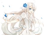  1girl ahoge bad_id bad_pixiv_id blonde_hair blue_eyes bow bug butterfly copyright_request dress flower hahaha_(hohoho) hair_between_eyes hair_flower hair_ornament insect long_hair outstretched_arms petals smile solo spread_arms white_dress 