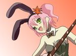  1girl alfa_system animal_ears bare_shoulders bow bowtie breasts bunny_ears bunnysuit collar green_eyes kanonno_grassvalley open_mouth pink_hair red_background short_hair suzumiya_haruhi_no_yuuutsu tales_of_(series) tales_of_the_world_radiant_mythology_3 