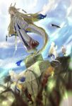  1boy 1girl absurdres arknights beads blonde_hair blue_hair brown_kimono colored_extremities commentary_request dragon_girl dragon_horns dragon_tail glint grey_eyes grey_hair hair_between_eyes hair_intakes hand_up highres holding holding_sword holding_weapon horns index_finger_raised jacket japanese_clothes kimono light_particles long_hair long_sleeves magic memories multicolored_hair olivier_yoyo open_mouth partial_commentary plant pointy_ears shu_(arknights) sitting standing sword tail wan_qing_(arknights) weapon white_jacket 