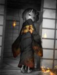  1boy 1girl bags_under_eyes commentary_request fire full_body hair_ornament highres hitodama horns indoors japanese_clothes kimono monochrome oni original sasasa_(nashi) short_hair sliding_doors solo_focus spot_color tabi zashiki-warashi 