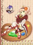  1boy 1girl alfa_system blue_eyes coat frills green_eyes headband kanonno_grassvalley open_mouth paint paintbrush palette pink_hair ribbon rocksprings shoes skirt smile tales_of_(series) tales_of_the_world_radiant_mythology_3 thighhighs 