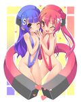  ;d bare_shoulders blue_eyes blue_hair blush downtown_no_gottsu_ee_kanji fang gradient_hair groin hair_ornament heart long_hair looking_at_viewer magnet multicolored_hair multiple_girls navel one_eye_closed open_mouth original outline red_eyes roke slingshot_swimsuit smile swimsuit twintails 