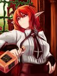  bad_id bad_pixiv_id bespectacled bottle bridal_gauntlets cross english glasses head_wings koakuma kuramori long_hair necktie pointy_ears red_eyes red_hair solo touhou 