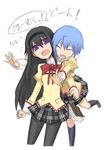  akemi_homura anger_vein black_hair blue_hair book closed_eyes dropping hair_ornament hairclip hug hug_from_behind kurakumo_nue long_hair mahou_shoujo_madoka_magica miki_sayaka multiple_girls open_mouth pantyhose plaid plaid_skirt purple_eyes school_uniform short_hair simple_background skirt smile white_background 