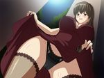  1girl black_panties blush breasts brown_eyes brown_hair bunbobo cameltoe cleavage dress dress_lift erect_nipples huge_breasts legwear long_hair looking_at_viewer panties solo standing thighhighs underwear 