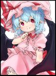  bad_id bad_pixiv_id bat_wings bloomers blue_hair border child grin hat hat_ribbon highres hutaba123 looking_at_viewer pink_eyes pointy_ears puffy_sleeves red_eyes remilia_scarlet ribbon shirt short_hair short_sleeves skirt skirt_set smile solo touhou underwear wings 