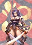  bow_(bhp) breasts cleavage detached_sleeves fundoshi highres japanese_clothes kimono large_breasts long_hair original purple_hair solo sword thighs weapon yukata 