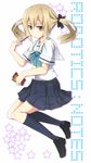  :&lt; blonde_hair copyright_name food frown hair_ribbon k_lemon kneehighs koujiro_frau loafers pleated_skirt pocky ribbon robotics;notes school_uniform shoes skirt solo star twintails yellow_eyes 