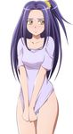  blush bottomless covering covering_crotch embarrassed eyelashes kurokawa_eren long_hair looking_away manji_(tenketsu) naked_shirt one_side_up precure purple_hair purple_shirt seiren_(suite_precure) shirt shirt_tug solo suite_precure t-shirt thigh_gap yellow_eyes 