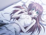 bed bed_sheet blush brown_hair cosplay_fetish_academy feet green_eyes long_hair mikage_yuuki seiai_gakuen_fechi_ka sleeping 