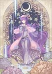  art_nouveau book capelet crescent dress flower gloves hat highres holding holding_book hydrangea long_hair looking_at_viewer madyy magic_circle patchouli_knowledge purple_eyes purple_hair solo star striped striped_dress touhou vertical_stripes white_gloves 