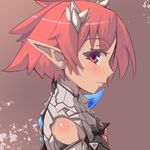  armor bad_id bad_pixiv_id bare_shoulders blush brown_background dark_skin elf from_side horns nahu original pointy_ears profile red_eyes red_hair short_hair solo 