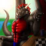  abs absurd_res anthro biceps big big_muscles black_dragon checkerboard chess claws dragon dragonwing013 hi_res horn inuchan lake looking_at_viewer male muscles pecs pointing pose scales sitting soda solo speedo swimsuit topless underwear white_horns 