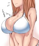  bare_shoulders bikini breasts brown_hair cleavage head_out_of_frame huge_breasts komusou_(jinrikisha) long_hair navel ooba_minori original simple_background solo strap_gap swimsuit translated underwear white_background white_bikini 