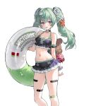  1girl alternate_costume bandaid bandaid_on_knee bandaid_on_leg bandaid_on_thigh between_breasts bikini bikini_skirt black_bikini blush breasts cleavage commentary corin_wickes green_hair green_innertube highres holding holding_swim_ring long_hair looking_at_viewer medium_breasts navel open_mouth purple_eyes rity screw_hair_ornament simple_background solo starfish_hair_ornament stomach swim_ring swimsuit twintails two-tone_innertube white_background white_innertube zenless_zone_zero 