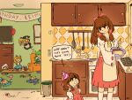  6+girls aged_down alice_margatroid alice_margatroid_(pc-98) angry apron ascot balloon birthday birthday_cake black_hat black_skirt blonde_hair blue_skirt board_game bow bowl brown_eyes brown_hair cabinet cake cake_slice child cirno closed_mouth commentary couch crayon detached_sleeves eating english_commentary english_text feet_out_of_frame food frying_pan glue green_hair grey_hair hair_bow hakurei_reimu happy_birthday hat hat_bow highres holding holding_bowl holding_whisk ice ice_wings indoors izayoi_sakuya kirisame_marisa kitchen kochiya_sanae long_hair looking_at_another looking_to_the_side manamanami medium_bangs mother_and_daughter multiple_girls open_mouth party_hat red_bow red_shirt red_skirt ribbon-trimmed_sleeves ribbon_trim sendai_hakurei_no_miko shirt short_hair skirt sleeveless sleeveless_shirt spoon standing stuffed_animal stuffed_frog stuffed_toy suspender_skirt suspenders table television touhou touhou_(pc-98) trash_can v-shaped_eyebrows whisk white_apron white_bow white_shirt white_sleeves wings witch_hat yellow_ascot 