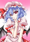  absurdres blue_hair finger_to_mouth hat hat_ribbon highres looking_at_viewer red_eyes remilia_scarlet ribbon short_hair skirt skirt_set solo touhou touhu_(f&quot;riend_coffee) wings 