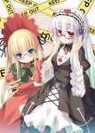  &gt;:) asa_(swallowtail) blonde_hair blue_eyes blush bonnet doll_joints drill_hair glasses headdress highres long_hair looking_at_viewer multiple_girls red_eyes rozen_maiden shinku silver_hair smile suigintou v-shaped_eyebrows 