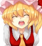  ascot bad_id bad_pixiv_id blonde_hair closed_eyes face flandre_scarlet hat hat_ribbon highres open_mouth ribbon short_sleeves side_ponytail smile solo sudako_(dai011305) touhou white_background 