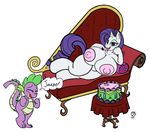  anthro anthrofied areola badgerben big_breasts blue_eyes breasts cake dialog dialogue dragon duo english_text equine erect_nipples eyes_closed female food friendship_is_magic hair happy horn horse huge_breasts licking looking_at_viewer male mammal my_little_pony nipples nude open_mouth pillow plain_background pony purple_hair rarity_(mlp) reptile scalie smile sofa spike_(mlp) text thought_bubble tongue unicorn white_background 