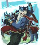  abs action_pose anthro belt biceps big_muscles blue_fur canine claws clothing fangs fantasy female fur gloves green_eyes hair magic male mammal metal muscles pants pecs pose red_eyes solo toe_claws topless warrior weapon white_fur wolf 