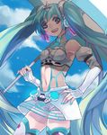  bad_id bad_pixiv_id boots cloud day detached_sleeves goodsmile_company goodsmile_racing hand_on_hip hatsune_miku iaki_mochiko long_hair nail_polish navel open_mouth race_queen racing_miku racing_miku_(2012) see-through skirt sky solo thigh_boots thighhighs twintails umbrella very_long_hair vocaloid 
