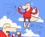 2023 adventure_time alligator alligatorid angry anthro black_bottomwear black_clothing black_eyes black_shorts blush bottomwear cartoon_network clothed clothing cloud crocodilian datbx datbx_(datbx) day digital_media_(artwork) eyes_closed hoodie red_clothing red_hoodie red_topwear reptile scales scalie shorts smile solo speech_bubble standing style_emulation tail tan_body tan_nose tan_scales tan_tail teeth tongue topwear