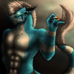  abs anthro biceps big_muscles blue_body blue_dragon buff cigar cigarette clenched_teeth clothing dragon dragonwing013 drooling fangs flexing glowing glowing_eyes hair horn looking_at_viewer male muscles pants pecs plain_background pose reptile saliva scales scalie schism smoking solo standing teeth topless 
