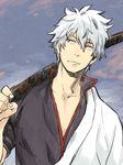  bokken gintama japanese_clothes male_focus nirok over_shoulder sakata_gintoki silver_hair smile solo sword sword_over_shoulder weapon weapon_over_shoulder wooden_sword 