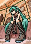  bad_id bad_pixiv_id barbed_wire boots chain-link_fence elbow_gloves fence fingerless_gloves gloves green_eyes green_hair hatsune_miku headphones highres knee_boots long_hair nukarumi_noren sitting solo twintails very_long_hair vocaloid 