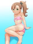  ass bare_shoulders barefoot bikini brown_hair butterfly_hair_ornament chousoku_henkei_gyrozetter flat_chest gradient gradient_background green_eyes hair_ornament inaba_rinne long_hair looking_at_viewer polka_dot polka_dot_bikini polka_dot_swimsuit side_ponytail smile solo swimsuit tan tanline ueyama_michirou 