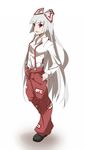 bow breasts fujiwara_no_mokou full_body grey_hair hair_bow hair_ornament hands_in_pockets highres hiro_(pqtks113) long_hair looking_at_viewer medium_breasts open_mouth red_eyes shadow shoes simple_background smile solo suspenders touhou very_long_hair white_background 