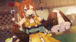  1girl ;) atelier_(series) atelier_sophie_2 bare_shoulders blue_eyes bowl breasts brown_sleeves cleavage cleavage_cutout closed_mouth clothing_cutout cowboy_shot cupboard dalachi_(headdress) detached_sleeves dress frilled_dress frills gold_trim hand_on_own_hip hand_up highres indoors long_hair long_sleeves looking_at_viewer mushroom neck_ribbon noco_(adamas) official_art one_eye_closed orange_hair pirka_(atelier) pom_pom_(clothes) print_dress ribbon sash side_ponytail sleeveless sleeveless_dress sleeves_past_fingers sleeves_past_wrists smile solo standing wide_sleeves yellow_dress 