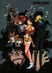  2girls 3boys barefoot beard black_hair boots bug butterfly cape child collar cowboy_bebop cowboy_bebop:_knockin&#039;_on_heaven&#039;s_door dog edward_wong_hau_pepelu_tivrusky_iv ein_(cowboy_bebop) facial_hair faye_valentine green_eyes gun halloween halloween_costume highres holding holding_gun holding_weapon jet_black kawamoto_toshihiro messy_hair multiple_boys multiple_girls official_art purple_hair red_collar scan spike_spiegel stomach tattoo tongue tongue_out vincent_volaju weapon welsh_corgi white_footwear 