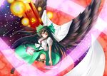  alternate_weapon arm_cannon black_hair black_wings blush bow breasts cape hair_bow karakuri_neko_(tkfm) large_breasts long_hair long_skirt magic_circle orange_eyes radiation_symbol reiuji_utsuho skirt solo third_eye touhou very_long_hair weapon wings 