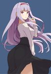  :o accio ass bad_id bad_pixiv_id blue_background breasts finger_to_mouth hairband idolmaster idolmaster_(classic) long_hair medium_breasts purple_eyes shijou_takane silver_hair simple_background skirt solo wind wind_lift 