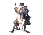  1boy absurdres armor armored_boots armored_gloves atelier_(series) atelier_sophie_2 black_eyes black_hair boots closed_mouth diebold_lewerenz expressionless full_armor full_body highres holding holding_sword holding_weapon invisible_chair long_sleeves looking_at_viewer male_focus official_art pants shoulder_armor simple_background sitting solo sweater sword weapon white_background yuugen 