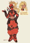  1girl abs adventure_time alternate_costume baggy_pants blonde_hair boots charm_(object) commentary deadpool_(series) english_commentary finn_the_human full_body hand_on_own_hip highres katana lady_deadpool marvel mask midriff over_x6 pants ponytail pouch sheath sheathed solo spanish_text superhero_costume sword sword_on_back torn_clothes translation_request weapon weapon_on_back 