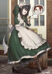  2girls apron black_hair brown_hair dress girls_und_panzer green_dress hand_on_own_head highres kadotani_anzu kawashima_momo liberta815 looking_at_object maid_apron maid_headdress monocle multiple_girls one_eye_closed open_mouth speech_bubble split_bangs standing suitcase thumbs_up 